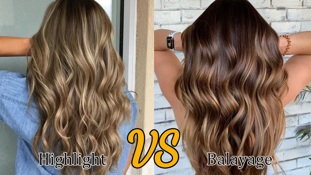 Side by side comparison — balayage highlights versus foil highlights finish
